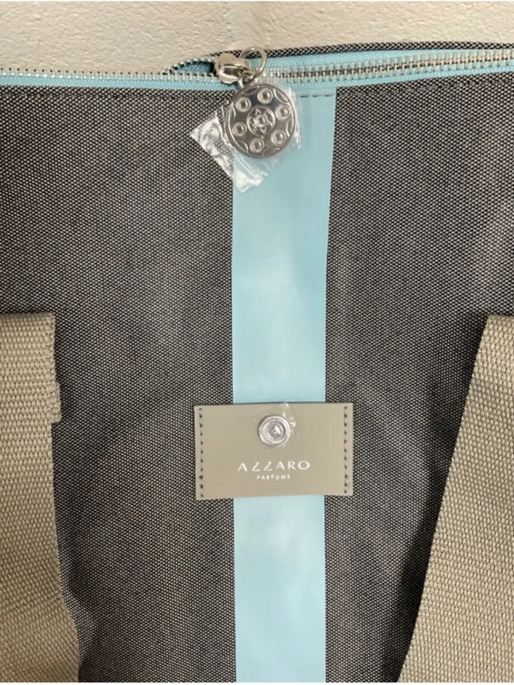 Azzaro Gray Duffel Bag with Light Blue Stripe - Men’s Travel Carryall